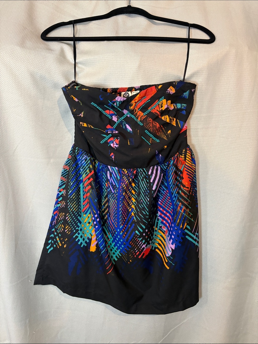 Roxy Strapless Black Dress with Neon Abstract Print